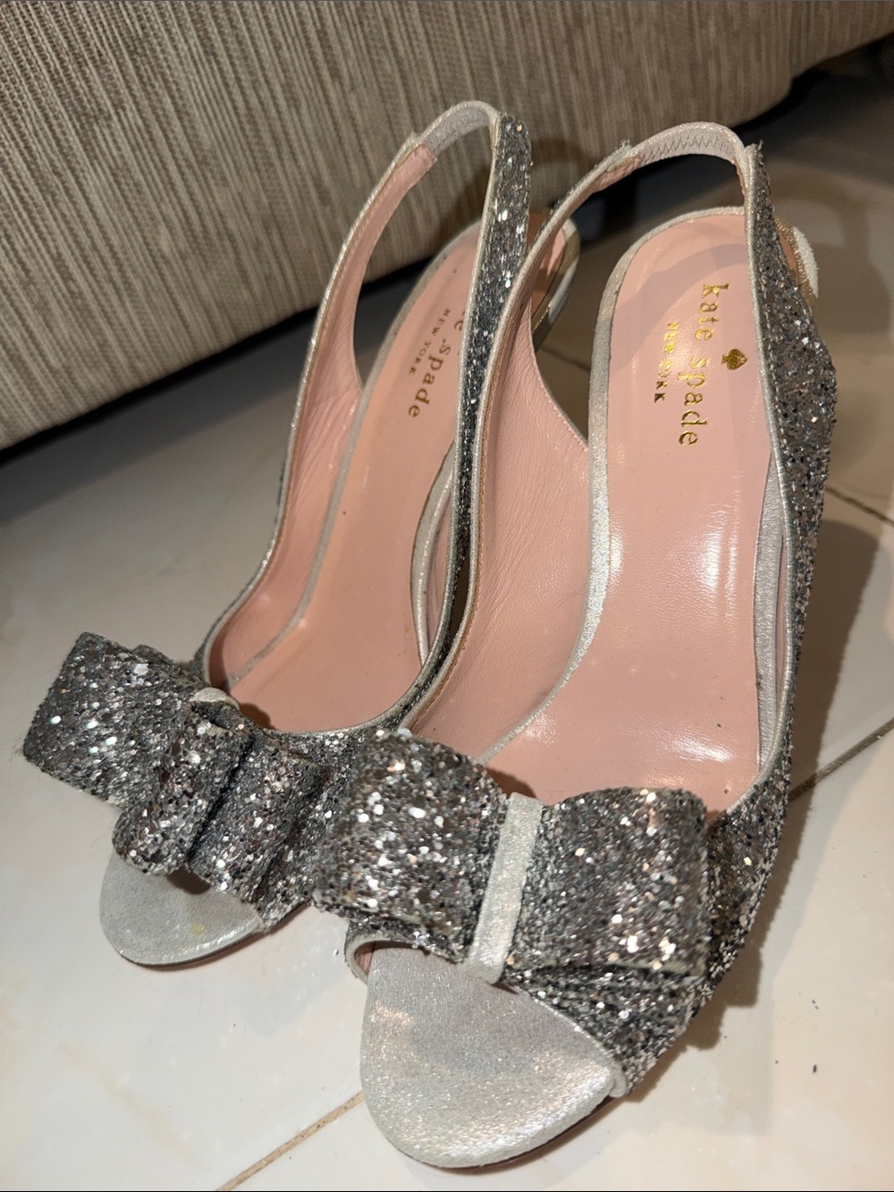 kate spade Silver Glitter Peep-Toe Slingback Heels with Bow